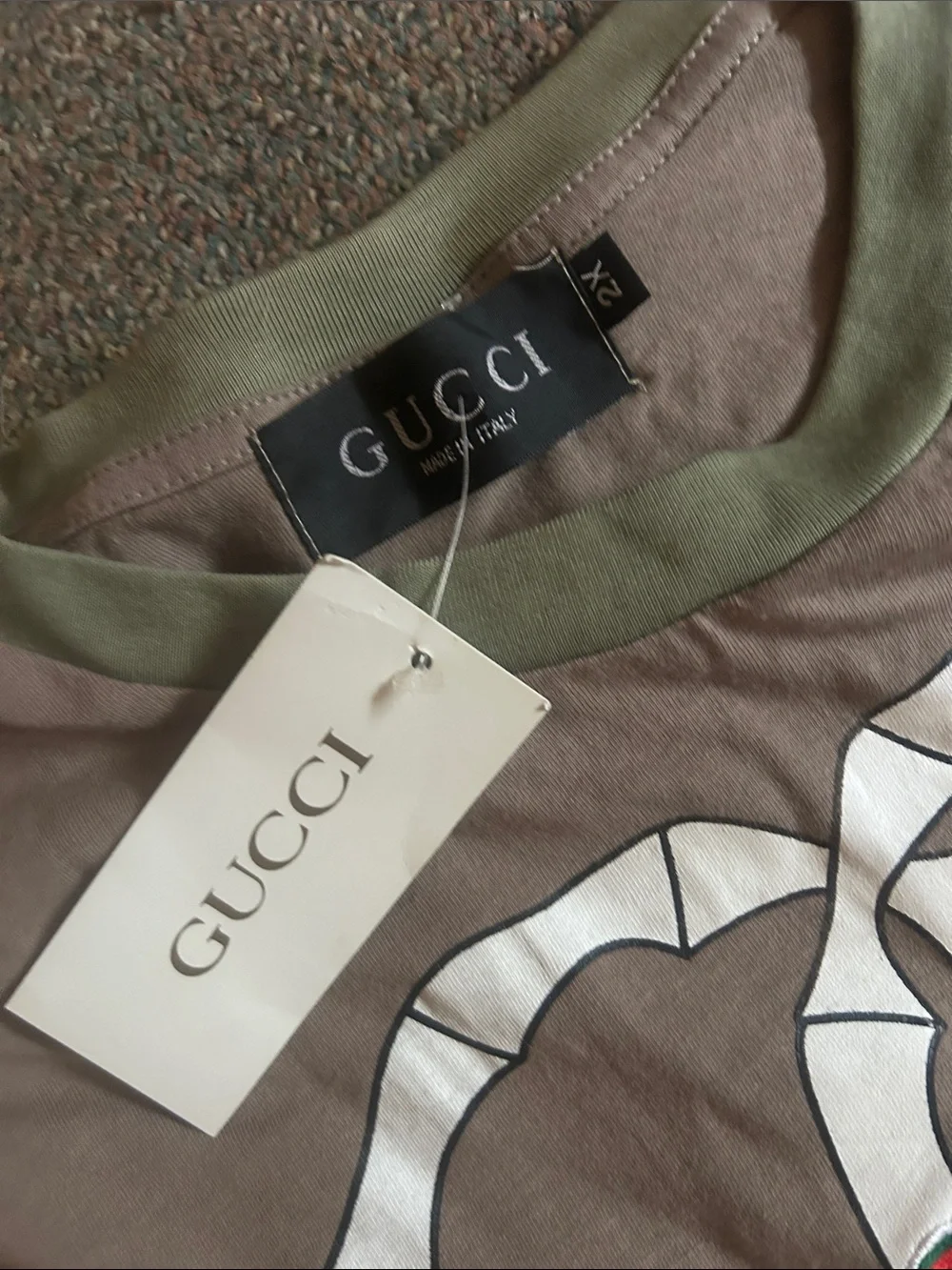 AUTHENTIC-Gucci Taupe Long Sleeve Tee / White Graphic and embroidered Green-NEW